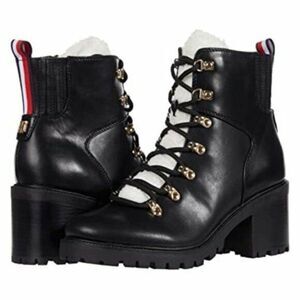 Tommy Hilfiger Biker Combat Boot Lace Up Zip Black Faux Shearling Lamere Size 10